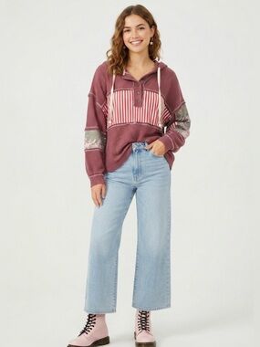 POL Maroon Thermal Knit Hoodie Mixed Media Striped Camo Patchwork Top Size S